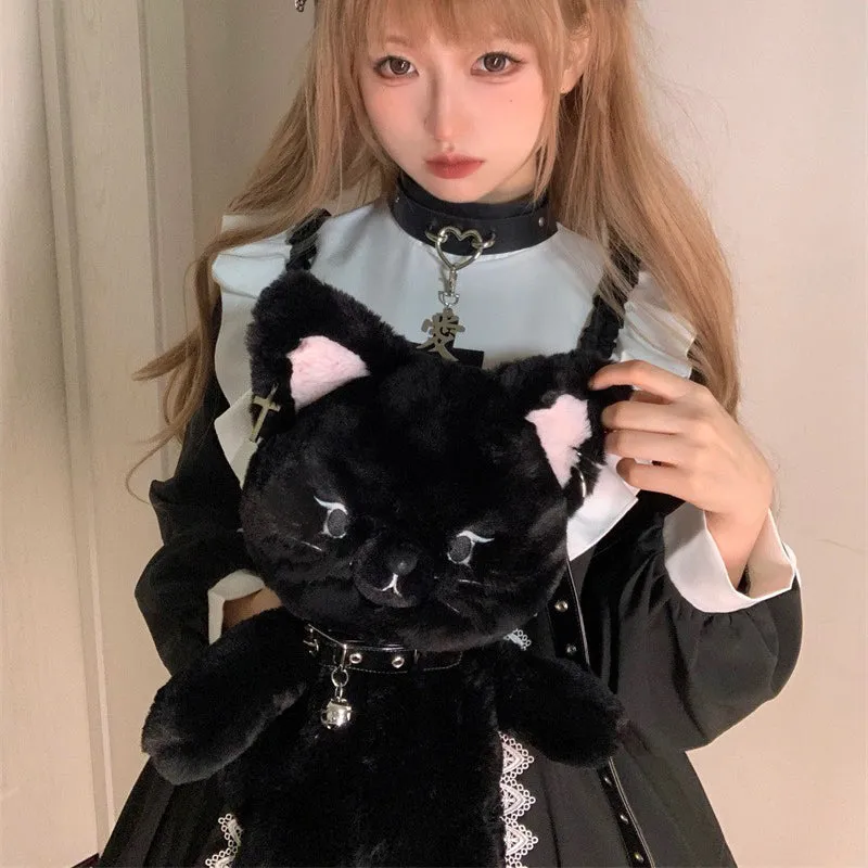 Black Cute Cat Plush Backpack Bag