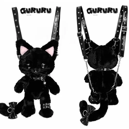 Black Cute Cat Plush Backpack Bag
