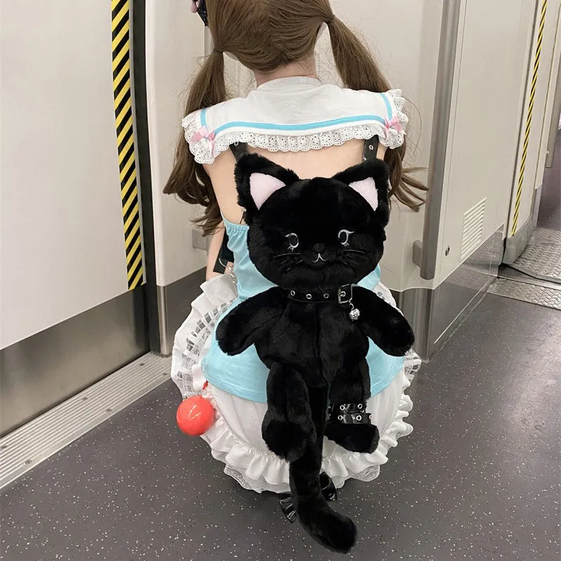Black Cute Cat Plush Backpack Bag
