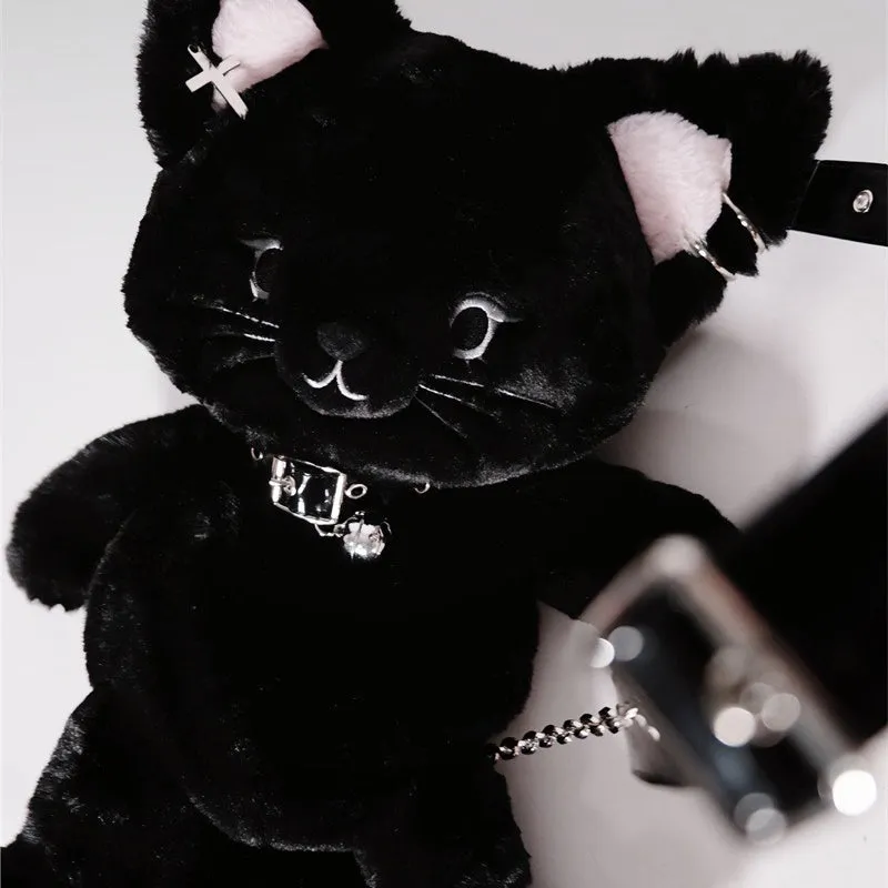Black Cute Cat Plush Backpack Bag