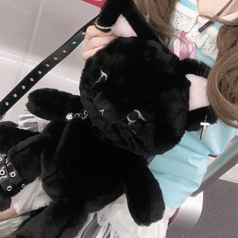 Black Cute Cat Plush Backpack Bag