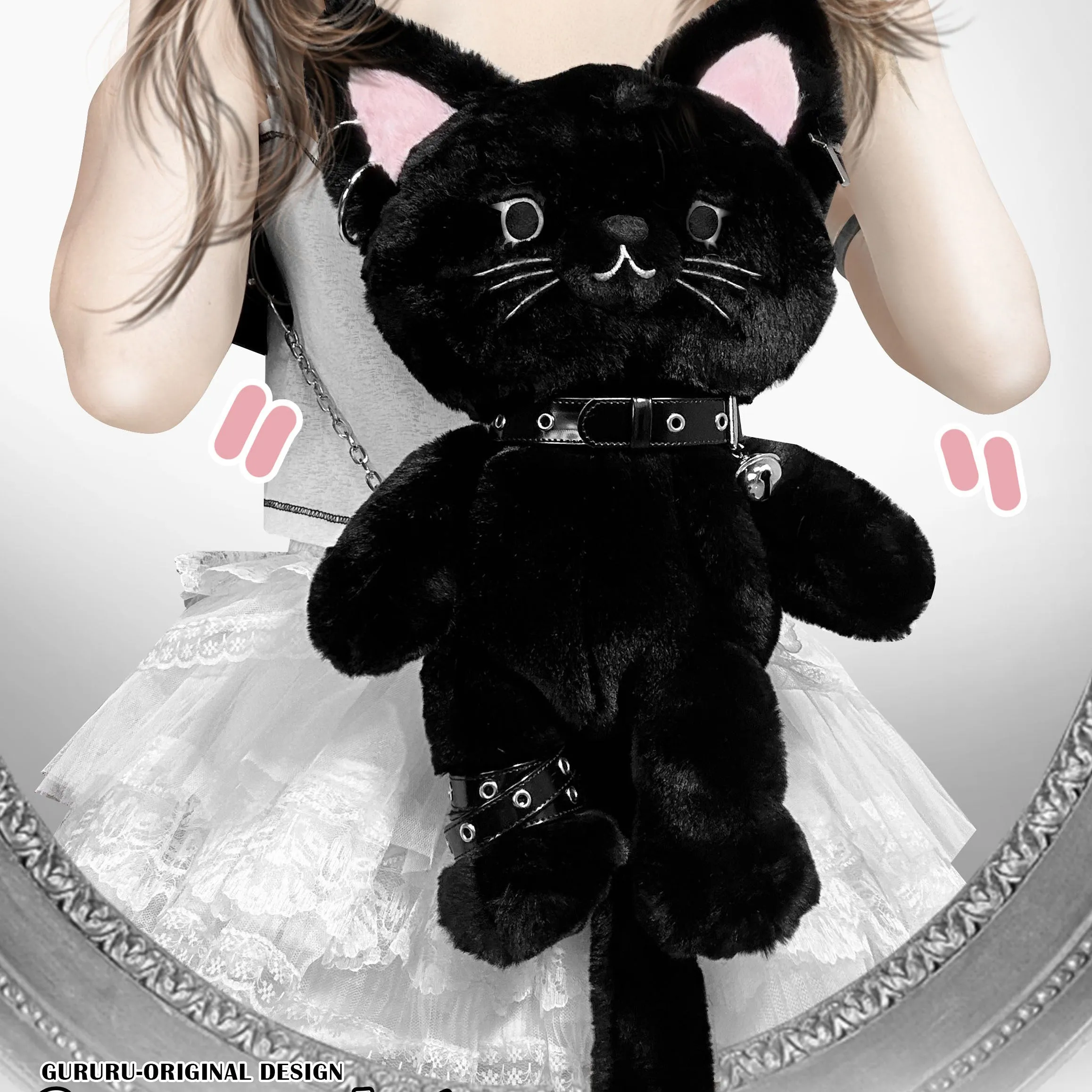 Black Cute Cat Plush Backpack Bag
