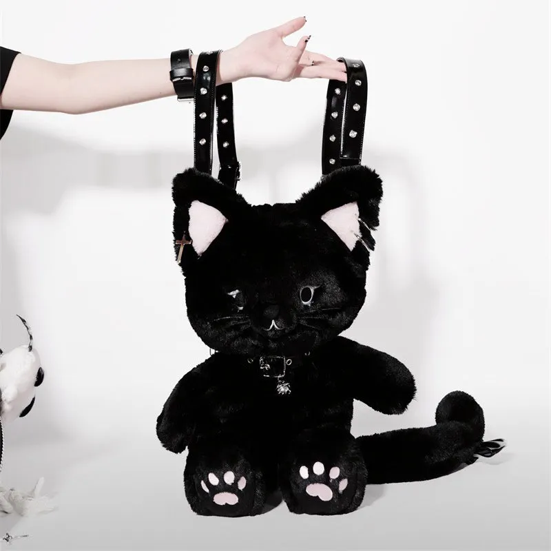 Black Cute Cat Plush Backpack Bag