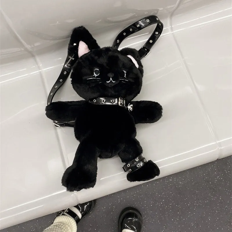 Black Cute Cat Plush Backpack Bag