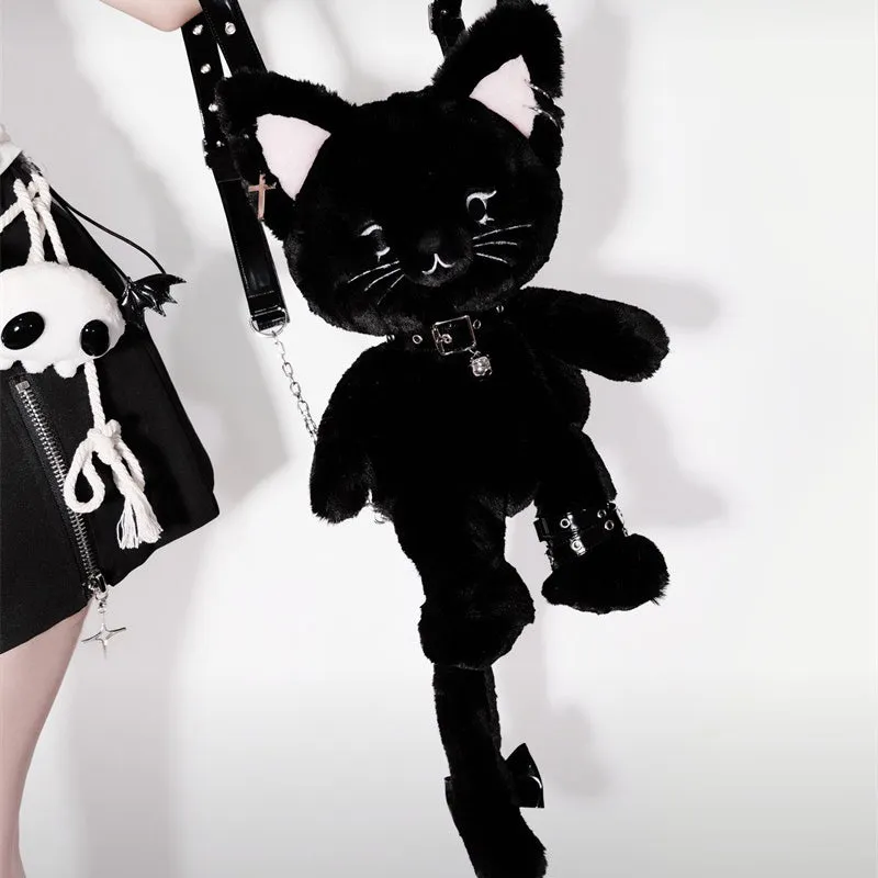 Black Cute Cat Plush Backpack Bag