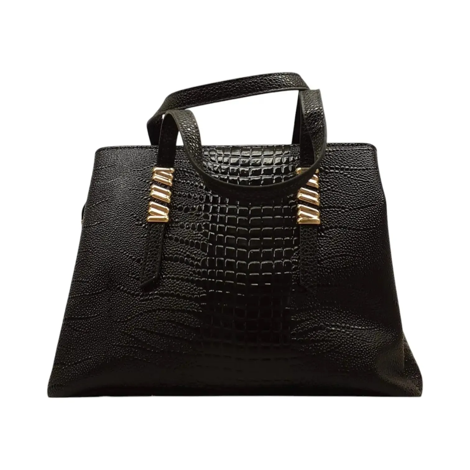Crocodile-Embossed Handbag with Gold Accents