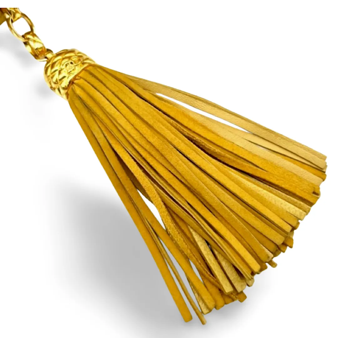 Vintage CHANEL yellow suede leather chain shoulder bag with CC tassel in lunchbox shape. 060910ac1
