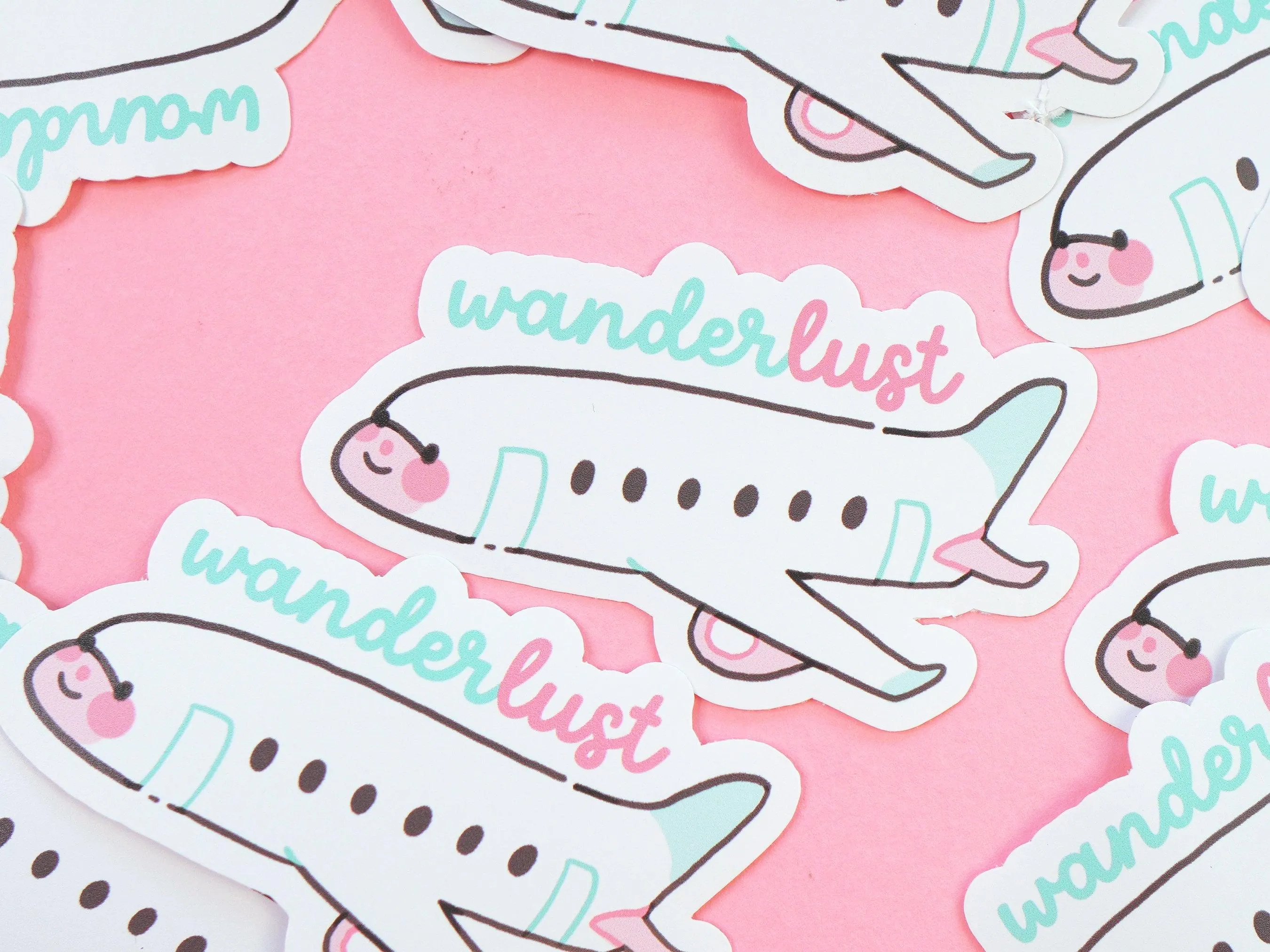 Wanderlust White and Pastel Plane Travel Die-Cut Vinyl Sticker